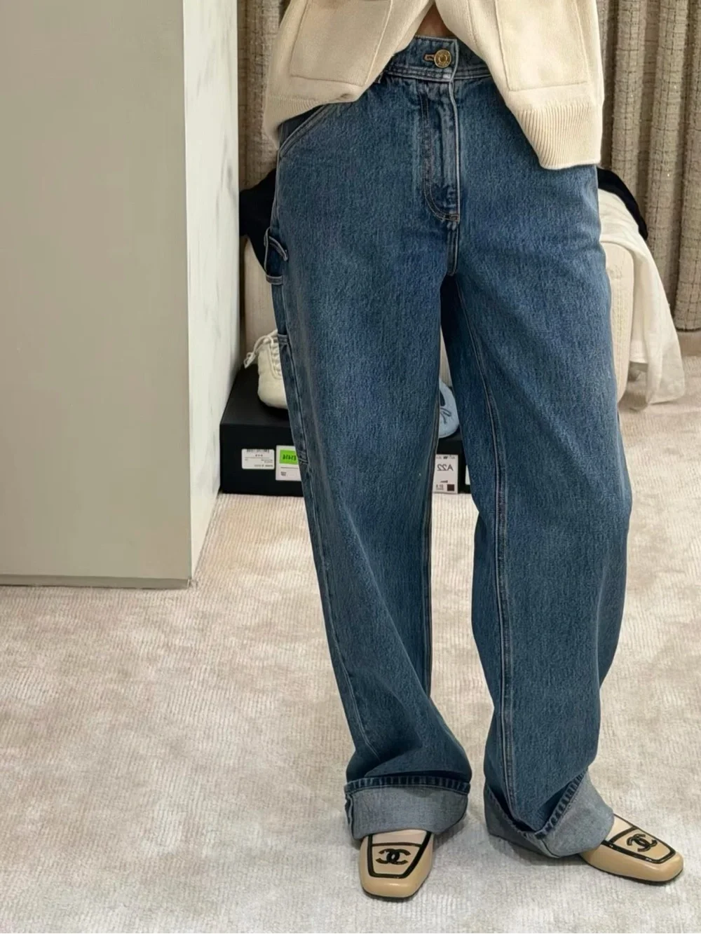 Chanel 26b Blazy Blue Denim large CC Logo Cargo Jeans Size 38